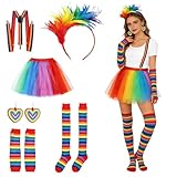 Forbabe Disfraz de arco iris para mujer, falda de tul, tirantes coloridos, guantes sin dedos, calcetines coloridos sobre la rodilla, pendientes para fiestas temáticas, actuaciones escénicas, carnaval