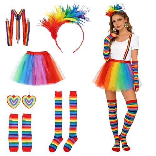 Forbabe Regenbogen Kostüm Damen Tüllrock Bunt Trägern Fingerlose Handschuhe Bunte Overknee Socken Ohrringe für Mottopartys Bühnenauftritte...