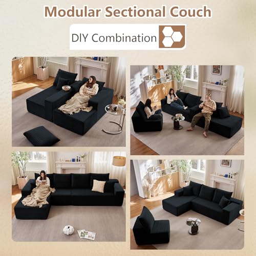 Image of 135.4 inch Modular Sectional Sofa, Modern Corduroy Cloud Couch with Deep Seat, Boneless Couch Upholstered 4-Seater L-Shaped Sofa for Living Room, No Assembly Required (Black, Left-Facing Chaise)