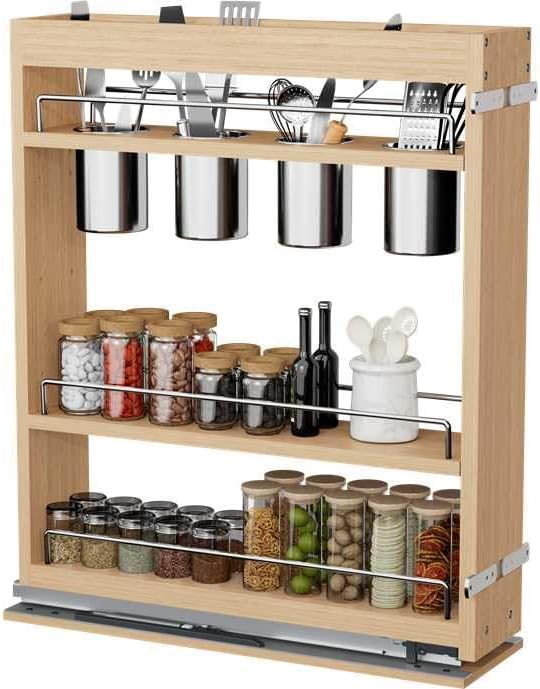DINDON Pull Out Spice Rack Cabinet Organizer, (5" W x 21.9" D x 25.2" H) Multi-Use Soild Wood Pull Out Cabinet Organizer With 4 Movable Stainless Steel Cutlery Storage Buckets for Kitchen Organization 5"W x 21.9"D x 25.2"H Wood+Stainless Steel