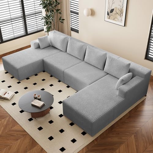 Image of 142 inch U-Shape Cloud Couch, Modern Modular Sectional U-Shape Sofa, Corduroy Boneless Couch Upholstered Couches Deep Seat Sleeper Chaise Longue for Living Room, No Assembly Required,Light Gray