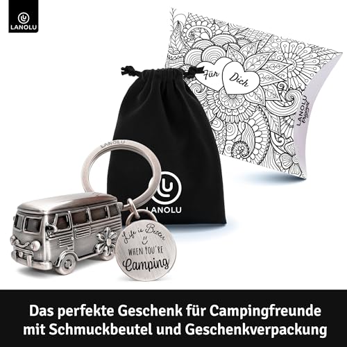 LANOLU Schlüsselanhänger Camping Glück, Wohnwagen Geschenk, Wohnmobil Geschenk für das Camping und für Camper, 3D Anhänger- Wohnwagen Zubehör aus Metall
