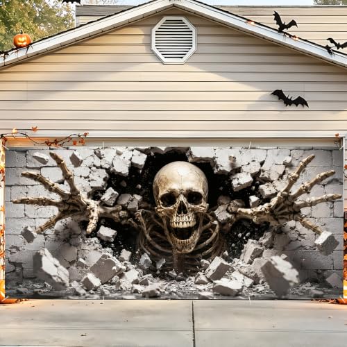 Image of Halloween Garage Door Decorations 6 x 13 ft, Skeleton Wall Cover