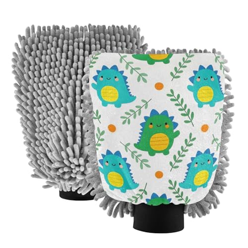 ALAZA Cute Dinosaurs Dino Cartoon Car Wash Mitt Scratch Free, 2 Pack Absorbent Microfiber/Chenille Washing & Drying Mitts, L