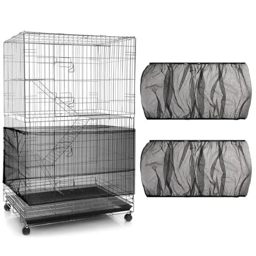 PLABBDPL Couverture de Cage à Oiseaux, 2 Pièces Housse de Protection en Maille, Ajustable Attrape Graine, Filet de Perroquet en Maille de Nylon, Couvre-Jupe Guard pour Cage Rondes Carré, noir