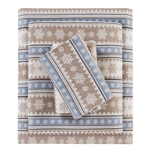 Image of Woolrich Cotton Sheet Set Cottage Charms Print, 100% Cotton Flannel Sheets Warm & Fuzzy Bedding Set Full Size Sheets, Fitted Pocket Fits Up to 12 inch Mattress, Full Blue Snowflake 4 Piece