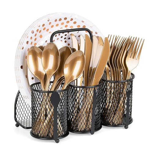 Punorric Utensil Holder,Metal Cutlery Holder 3 Comparment, Portable Knife and Fork Organiser Paper Plate Napking Caddy Rack for Outdoor Party Camping Picnic Buffet Farmhouse Kitchen Countertop