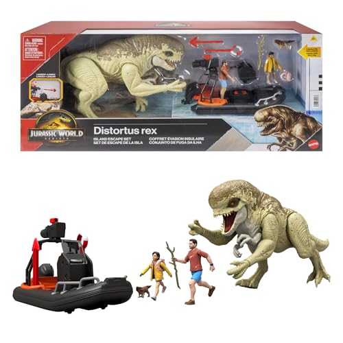 Mattel Jurassic World: Die Wiedergeburt Geschichtenset, Fahrzeug mit Dinosaurier, Menschen-Figuren, Floß aus dem Film, Bösewicht-Dino1 & Delgado, Isabella, Aquilops, Insel-Flucht, JGB55