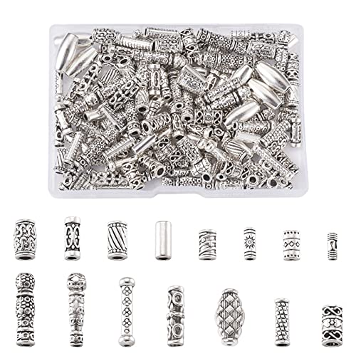 Cheriswelry 150 Stück tibetische Silber Säulenperlen 15 Stile Metallrohr Fass Abstandshalter Perlen Charm für Schmuckherstellung Loch: 1,5-3 mm Cover
