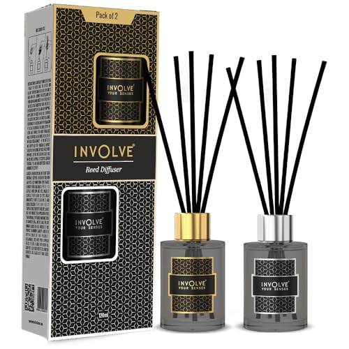 Image of Involve your senses Wood Elegance Reed Diffuser Set- Golden Musk Glory and Silver Aqua - 120 ml|Oil Diffuser with Free 10 Reed Sticks|Room Freshener for Home, Bedroom|Gifts Set (Pack of 2)