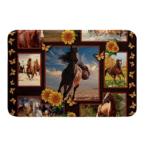 Erosebridal Horse Doormat for Boys Girls Brown Horse Print Rug Western Rustic Farmhouse Style Bath Mat Geometry Grids Patchwork Decor Area Rug Nature Sunflowers Print Bathroom Rugs 16"x24"