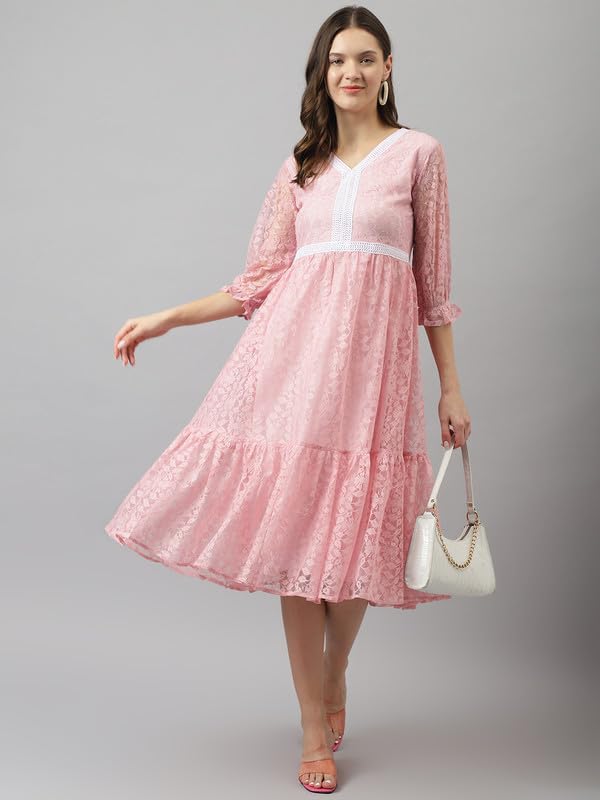 Image of Cicica Women's Baby Pink Russle Net Floral Tiered Western Dress | Dress for Women | A line Dress | Winter Dress | Western Dress | Women Dress | Trendy Dress | Midi Dress