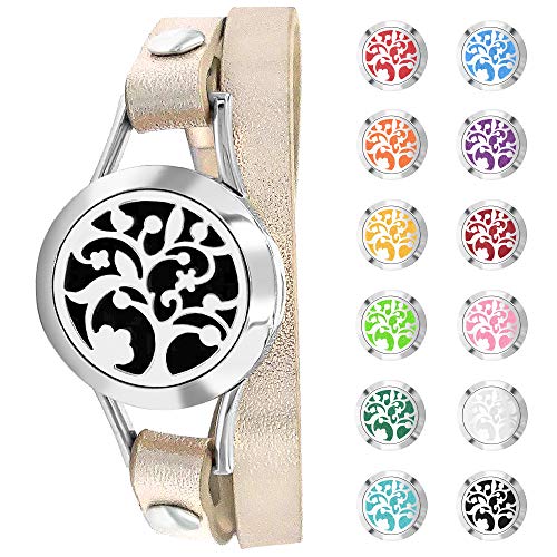 Anxiety Essential Oil Diffuser Aromatherapy Bracelet Warp Jewelry Birthday Gifts for Women Kids Regalos para Mujer Hypoallergenic with Adjustable Genuine Leather Jewelry 12 Felt Pad (Silver)