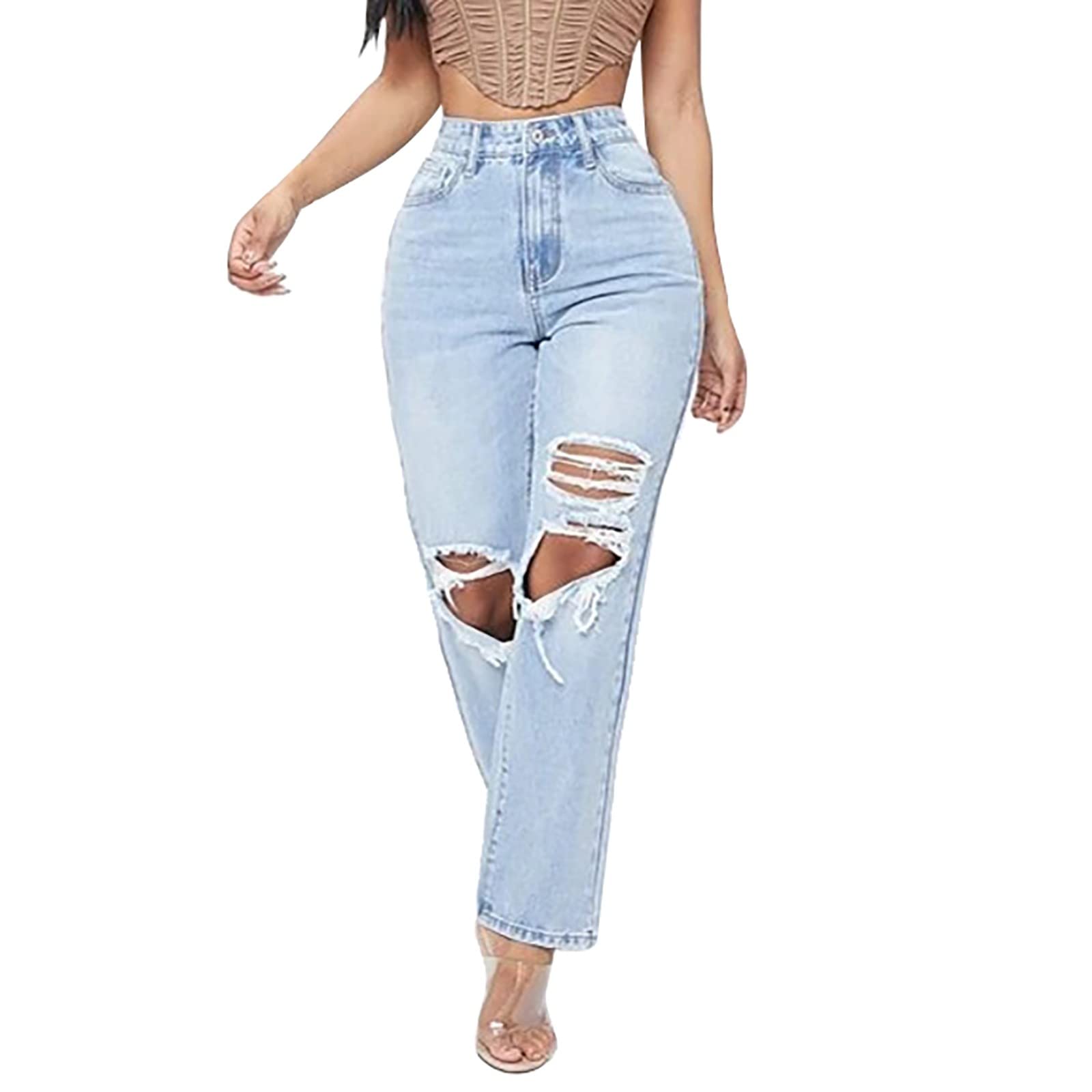 Lange Jeansjacke für Damen – zerrissenes Loch, hohe Taille, waschbar, hellblau, Denim-Jeans, Cargohose, Hot Girls Jeans, Jeans mit Löchern, Schwarz