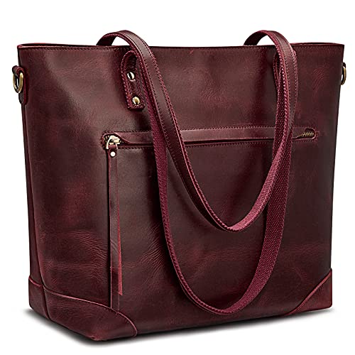 S-ZONE Vintage Genuine Leather Shoulder Bag Work Totes for Women Purse Handbag with Back Zipper Pocket Large