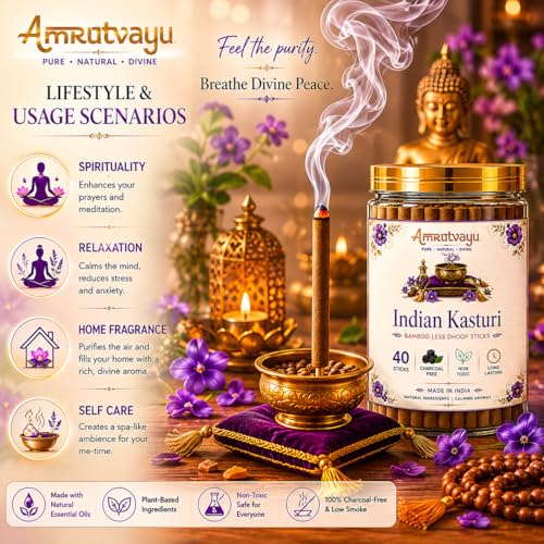 Image of Indian Kasturi Dhoop Sticks 4 inch 6mm Bamboo Less Incense for Pooja 40 Sticks | No Charcoal Sticks with Holder Stand | Fragrance for Home, Mediation Relaxation