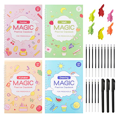 YAMMI Reusable Large Handwriting Practice, 4 Pack Magic Practice Copybook, Learning Handwriting Tools Kit, Writing Books ​with Pen Refills (10.3in×7.3in)