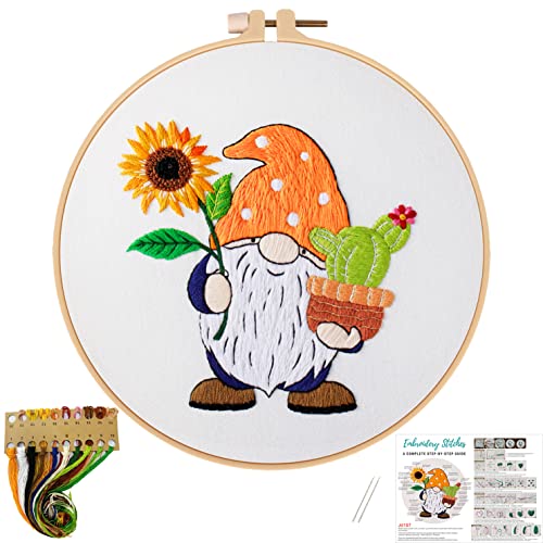 Image of Nuberlic Sunflower Embroidery Kit for Beginners, Full Set of Stamped Gnome Cross Stitch Kit for Adults Including Threads, Hoops and Instruction