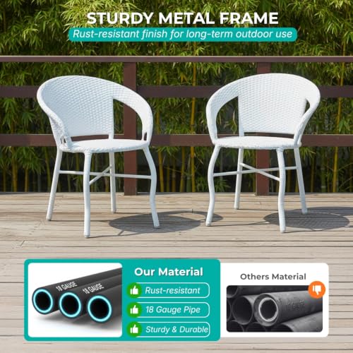 Image of DEVOKO 3 Pieces Patio Furniture Set, Wicker Outdoor Chairs and Coffee Table for Balcony, HDPE Rattan Bistro Table Set for Lawn, Garden, Backyard (White)