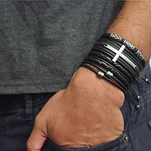 Pulseiras Masculinas Couro Cruz Negra Kit C/ 04