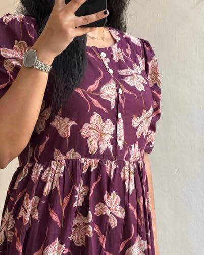 Image of Women's Cotton Blend Maxi Midi Dress Western Dress for Women Elegant Floral Printed Long Dresses