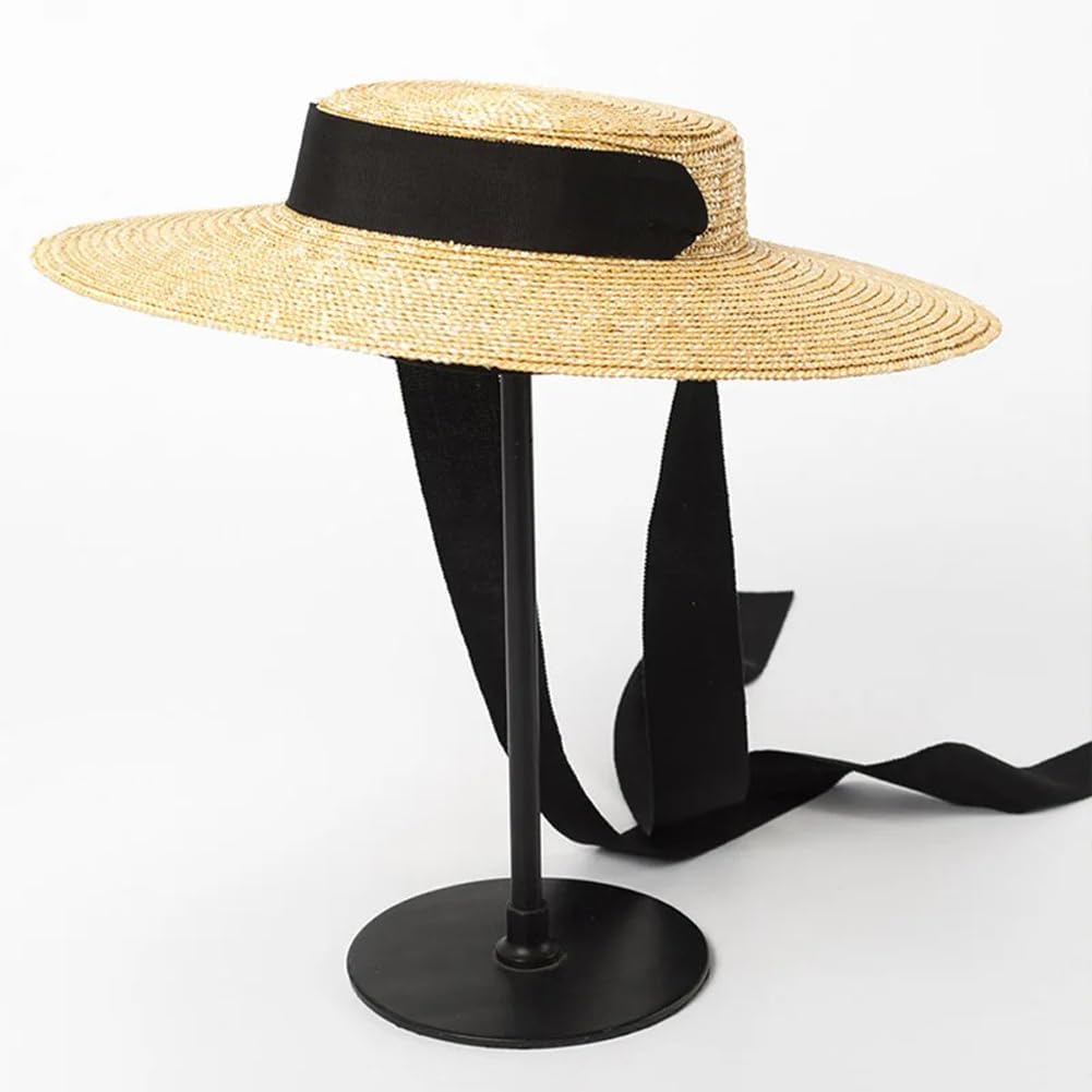 Gorra plana de ala ancha, sombrero de paja de verano para mujer con lazo para exteriores