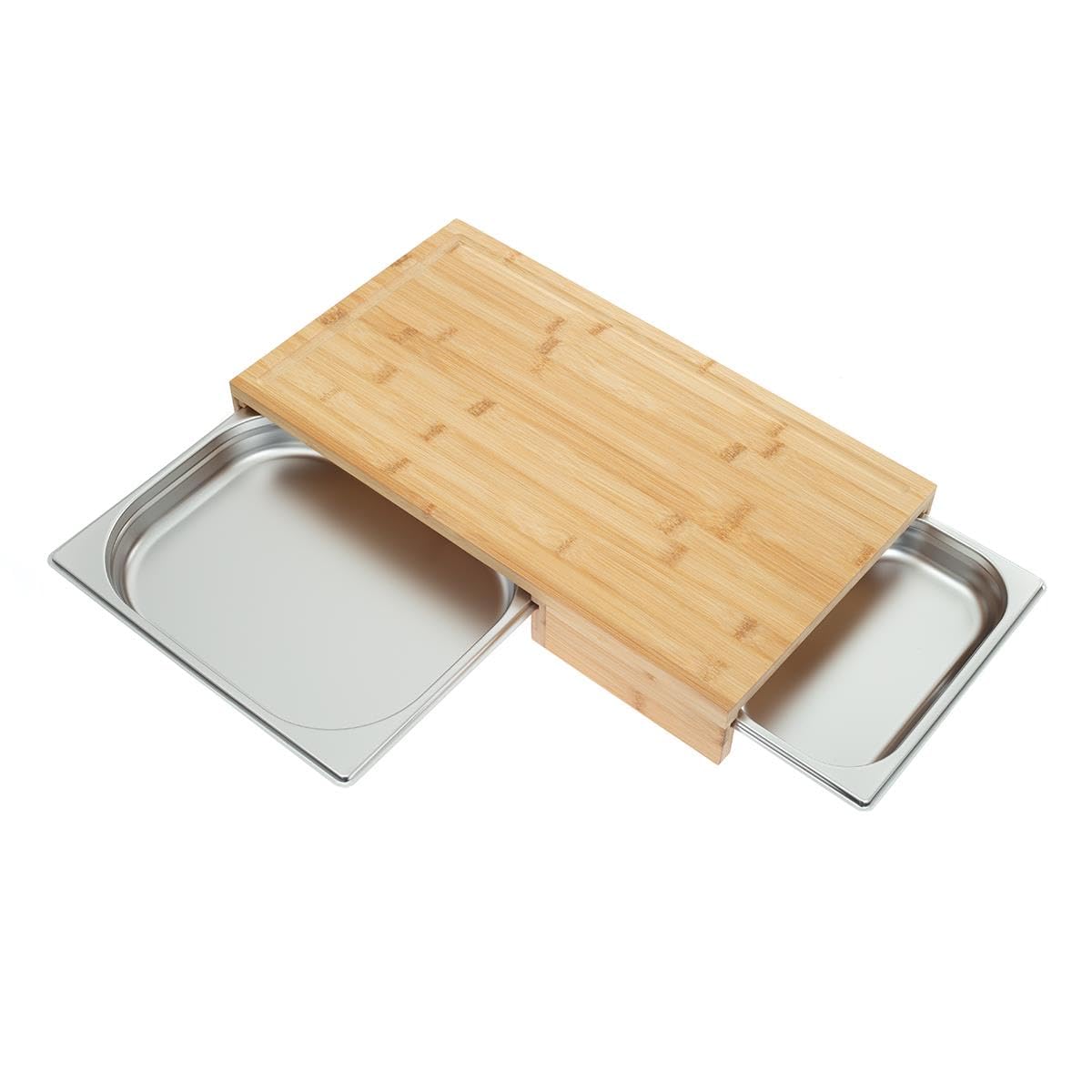 Bambus Schneidebrett 50,7x28x7 cm mit GN 1/2 & GN1/4 Behälter – Tranchierbrett aus Bambus, hygienisch & langlebig, mit herausnehmbaren Edelstahl-Auffangschalen zum sauberen Schneiden & Sammeln