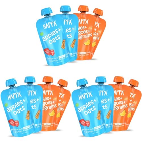 Image of Happa Organic Baby Food Apple Mango Multigrain and Apple Oats Puree | 100% Fruits and Grains | No Added Sugar, No Milk Powder, No Preservatives | Stage 2 (6 Months+) | Ready to Eat | Free from Common Allergens | Pack of 12 (100g Each)