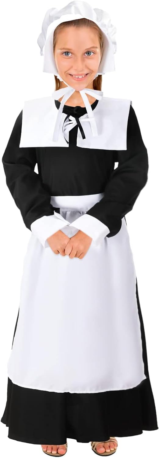 Colonial Girl Costume Dress Pilgrim Costume Pilgrim Girl Thanksgiving Halloween Cosplay Kids Girls Costumes White 8T
