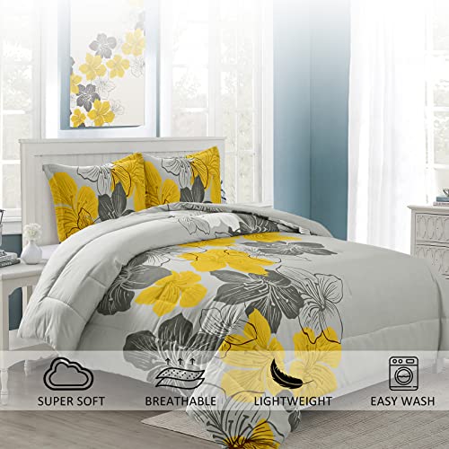 Floral Comforter Set Queen - 3 Piece Yellow Floral Pattern Printed On Grey - Ultra Soft Microfiber Bedding Set Lightweight Boho Bed Comforter Set For All Season (1 Comforter, 2 Pillowcases) #TOP1
