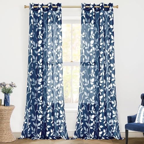 MRTREES Rideaux Voilage Fenetre Bleu Marine Salon Moderne Lot de 2 Panneaux de Rideaux Intérieurs, 140x225 CM, Rideau en Voile Transparent Motif Imprimé Feuilles à...