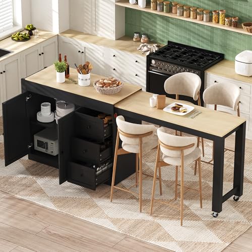 Yihomfy Îlot Central Cuisine sur roulettes avec Table Extensible 2-6 Personnes, Meuble Cuisine...