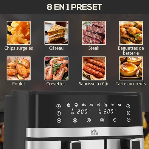 HOMCOM Friteuse à air sans huile dual zone air fryer 8,5 L - 2700 W - 8 programmes, écran LED tactile, température réglable, minuterie, 2 paniers antiadhésif, finition de synchronisation, recette – Image 5