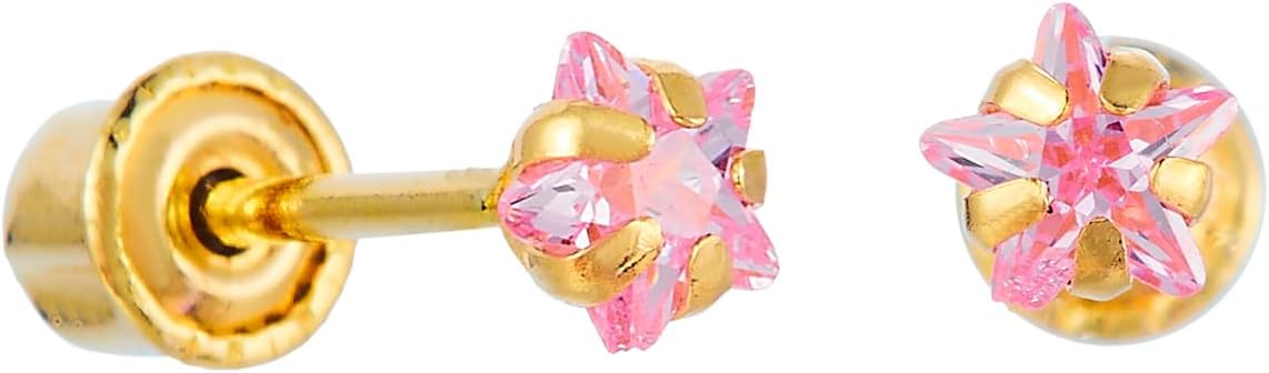 14k REAL Yellow Gold Peg Head Set Pink Star Solitaire CZ Stud Earrings with Screw Back