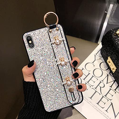 Aowner Compatible With Iphone 12 Pro Max Bling Stand Holder Case Luxury Hand Strap Glitter Sparkle Diamond Bee Wrist Bracket For Woman Girls Protective Cover Case, 6.7 Inch, Silver #TOP7