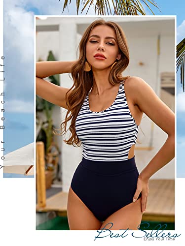 Molybell Modest Swimsuit For Women Athletic One Piece Bathing Suit With Zipper High Cut Striped Monokini Swimsuits For Teen Girls Size Medium (Navy/White, Medium) #TOP4