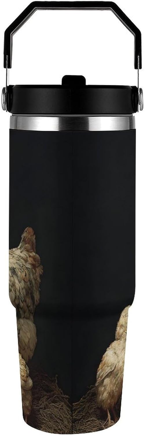 Chickens Print 30oz Vacuum Insulated Travel Mug, 304 Stainless Steel Water Bottle with Handle, Double Wall Thermal
