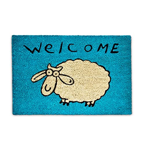 Relaxdays Paillasson Tapis d’entrée bleu « Welcome » avec mouton 60 x 40 cm