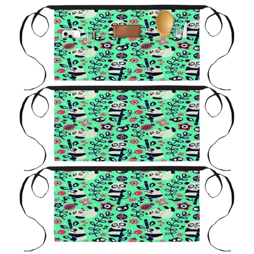 Tablier court de chef lot de 3 demi-tabliers de cuisine panda multicolore 60x30.5 cm avec 3 poches