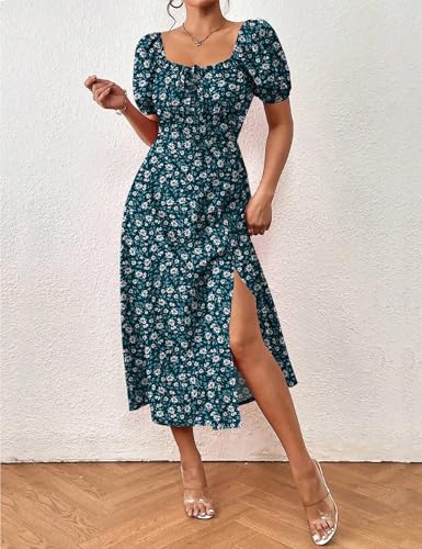 Image of SPRIME Women's Floral Summer Casual Dress Square Neck Puff Sleeve Boho Midi Dresses Ruched Bust High Waist Split Long Dress