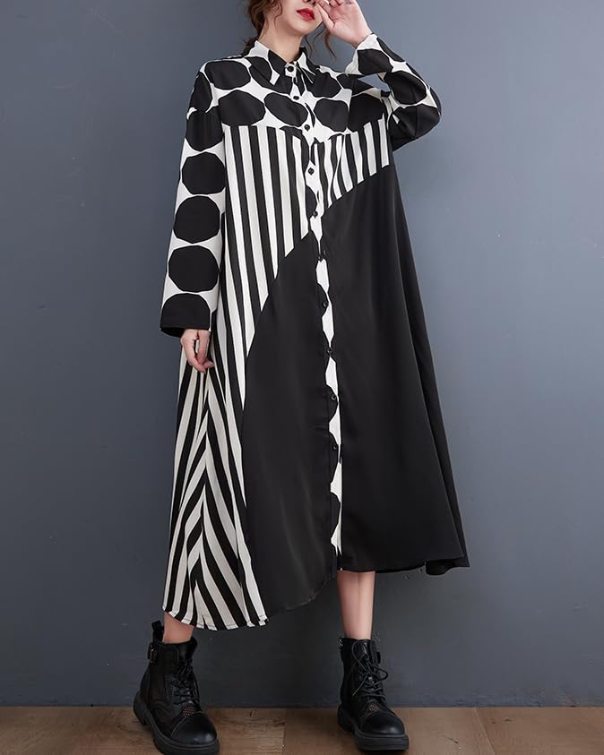 Image of ellazhu Womens Fall Casual Patchwork Funky Long Sleeve Designer Dress Loose Blouse GY2787 A