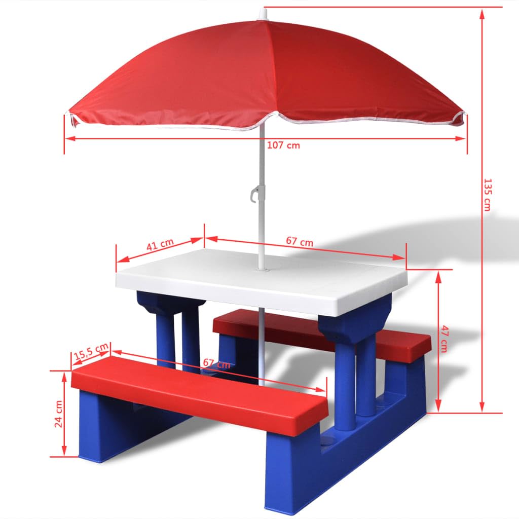 Tavolo da Picnic per Bambini con 2 Panche e Ombrellone, Set da Esterno in PP e Acciaio, Design Multicolore, Tavolo da Giardino, Tavolo da Pranzo Esterno,Rosso Blu Bianco, 67 x 41 x 47 cm