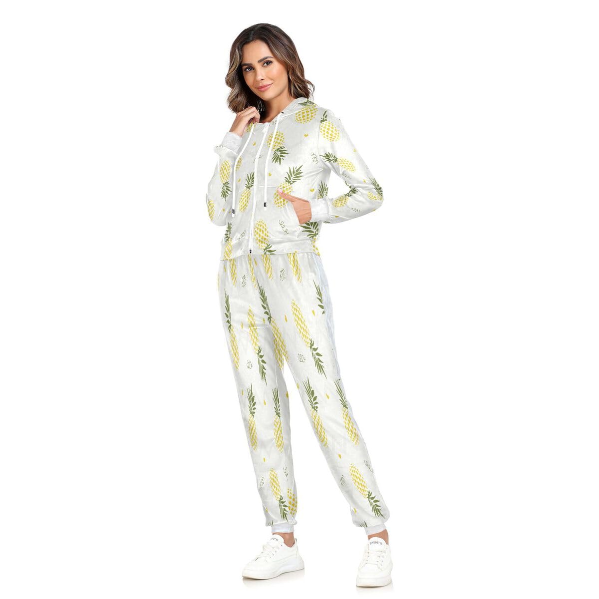 Conjunto deportivo de 2 piezas para mujer, diseño de piña, fruta, manga larga, conjunto deportivo en zigzag