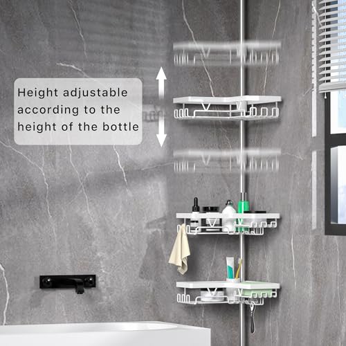 Image of KEGII Corner Shower Caddy Tension Pole - Shower Tension Rod Organizer, Floor to Ceiling Shower Caddy 25-114.2 inch, Bathroom Rack Corner Waterproof, Pure White