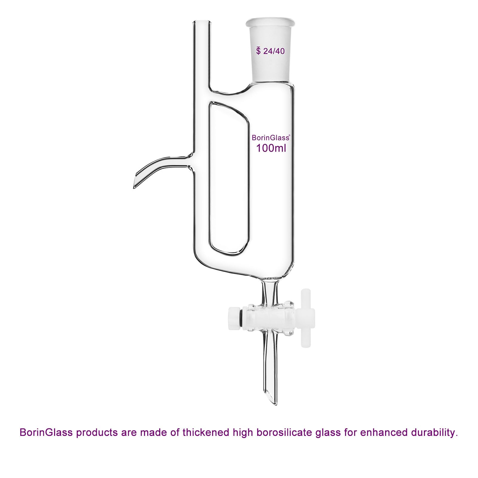 BorinGlass Separador de agua y aceite con 24/40 juntas, embudo de separación de líquidos de borosilicato para una separación precisa de líquidos, 100 ml