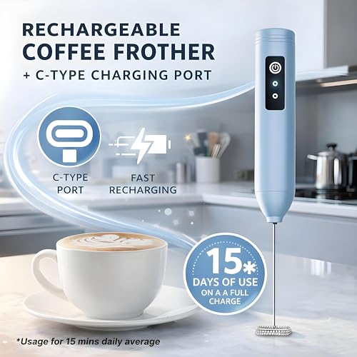 Image of Coffee Frother - Electric Rechargeable Coffee Maker Machine for Home Electric Coffee Frother & Milk Whisker | 1 Year Warranty | Free Recipe Book (Frother) (Glacier Blue)
