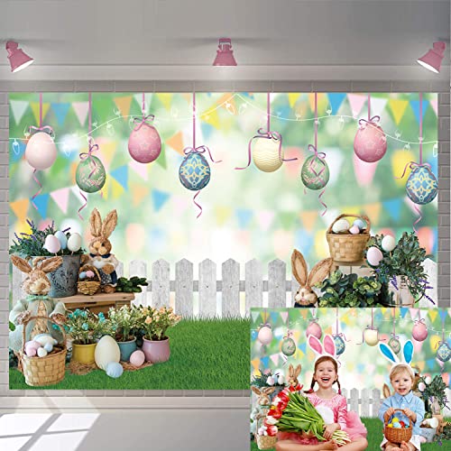 BATE Fondo de Pascua para primavera, jardín, huevos coloridos, conejo, verde, césped, valla, bokeh, fondo para niños, fotografía, baby shower, fiesta de cumpleaños, decoración de cabina de fotos (7 x
