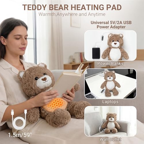 Image of Teddy Bear Heating Pad Plush, USB Powered Electric Heated Stuffed Animal with 3 Heat Levels & Timer, Soft Warm Bear Plushie Cushion, Classic Teddy Bear Gift for Mom Women Teen Girls