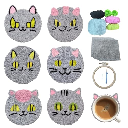 Image of 57lilina 6pcs Coaster Punch Needle Kit for Beginners & Adults, Animal Cat | Complete Step-by-Step Guide Make Punch Stitching Embroidery Art Drink Coasters, Easy DIY Hobby Craft Set for Women Starter