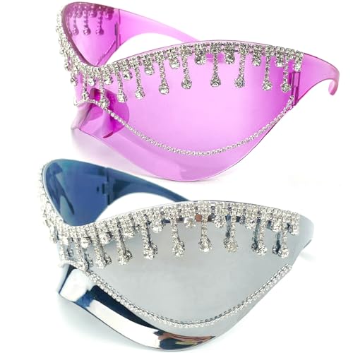 Oversized One Piece Sunglasses For Women Fashion Tassel Rhinestone Sun Glasses Large Frame Diamond Eyewear Shield Goggles